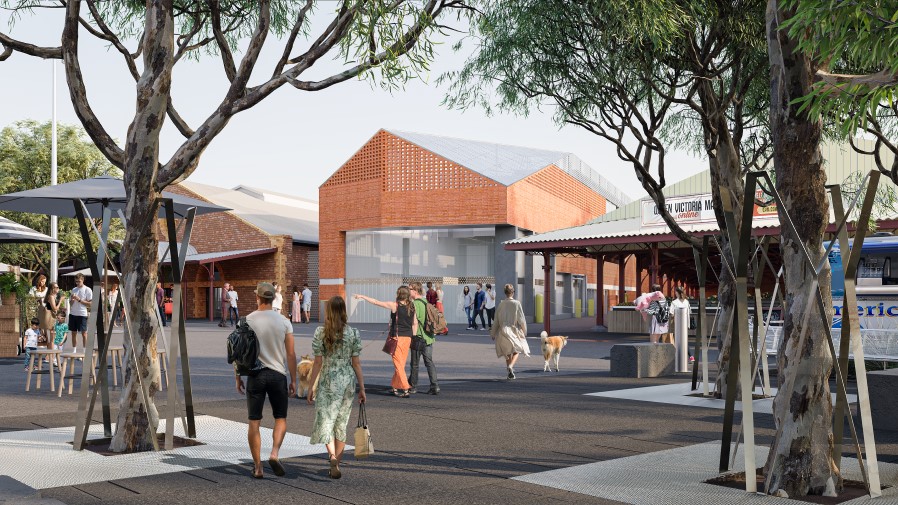 Artist impression showing the new Trader Shed. Shoppers walk across the nearby open space which has trees and built-in seating.